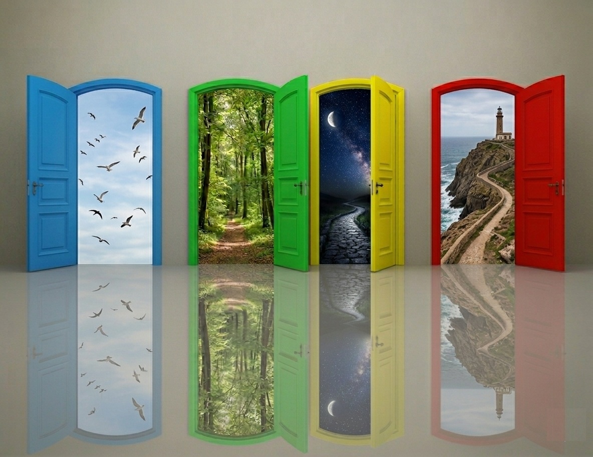 Quatre portes ouvertes sur des paysages apaisants symbolisant l'accompagnement thérapeutique : addictions, émotions, connaissance de soi et changement de cap.