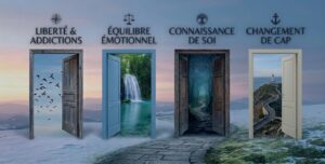 Quatre portes ouvertes sur des paysages apaisants symbolisant l'accompagnement thérapeutique : addictions, émotions, connaissance de soi et changement de cap.