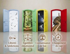 Quatre portes ouvertes sur des paysages apaisants symbolisant l'accompagnement thérapeutique : addictions, émotions, connaissance de soi et changement de cap.
